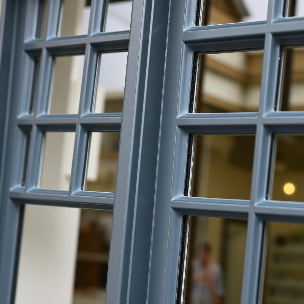 Close-up of resprayed anthracite grey aluminium shopfront mullions and transoms.