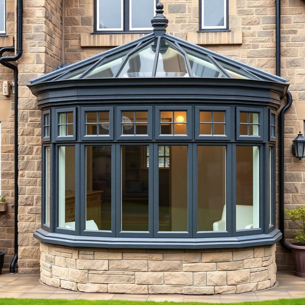 Detail of a resprayed anthracite grey uPVC Victorian conservatory on a Scottish home.