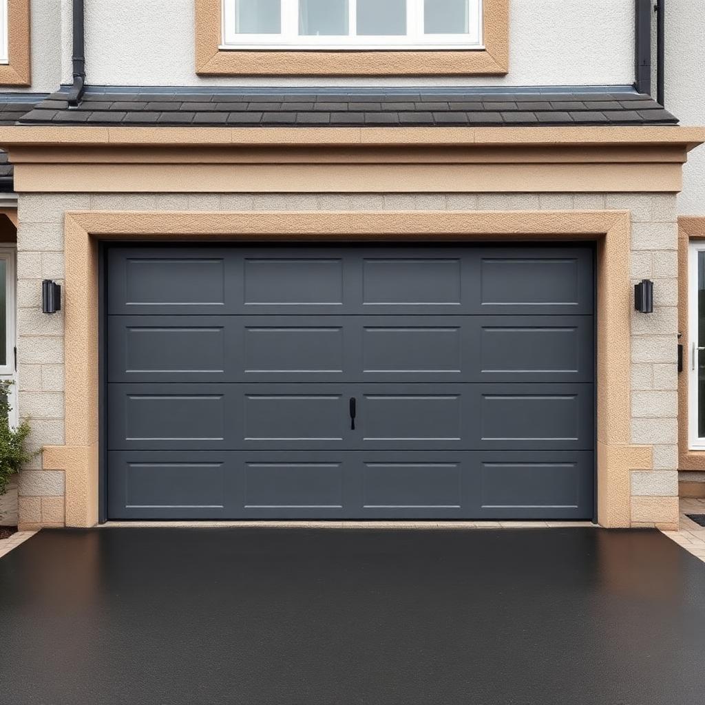 Anthracite grey resprayed sectional garage door on a Scottish suburban home.