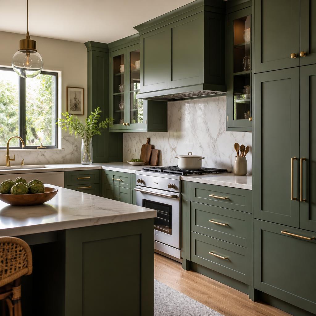 Modern shaker kitchen resprayed in deep sage green with brass hardware and marble worktops.