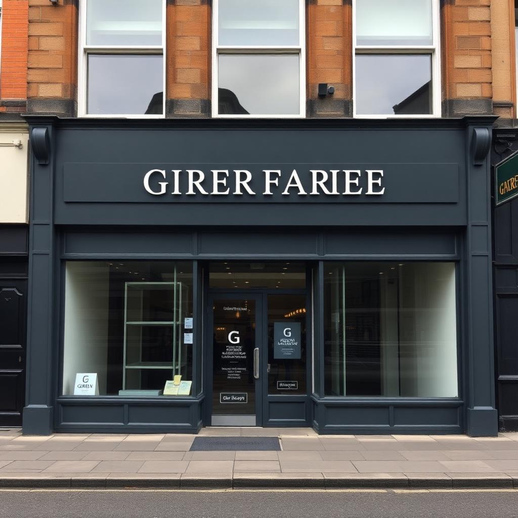Modern Glasgow high-street shopfront resprayed in RAL 7016 anthracite grey.