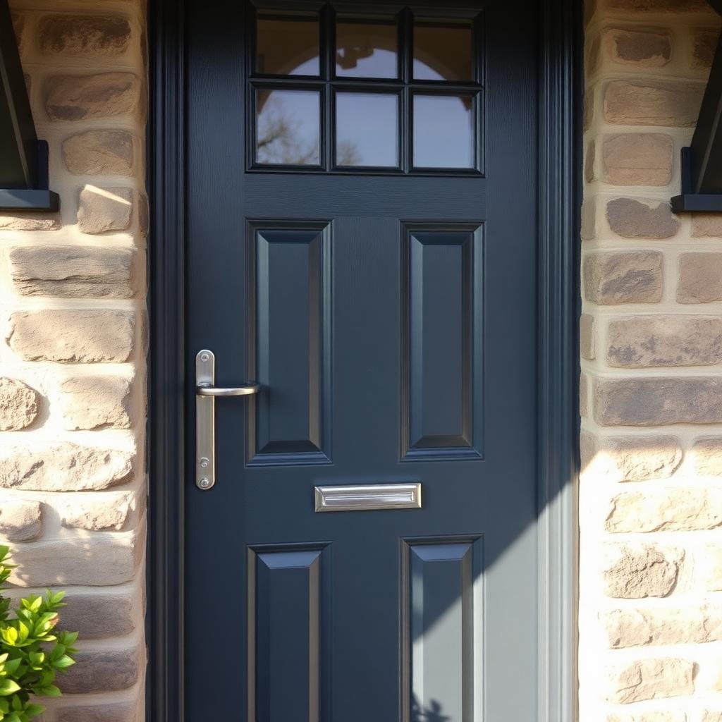 Close-up of a resprayed anthracite grey uPVC front door on a Scottish sandstone home.