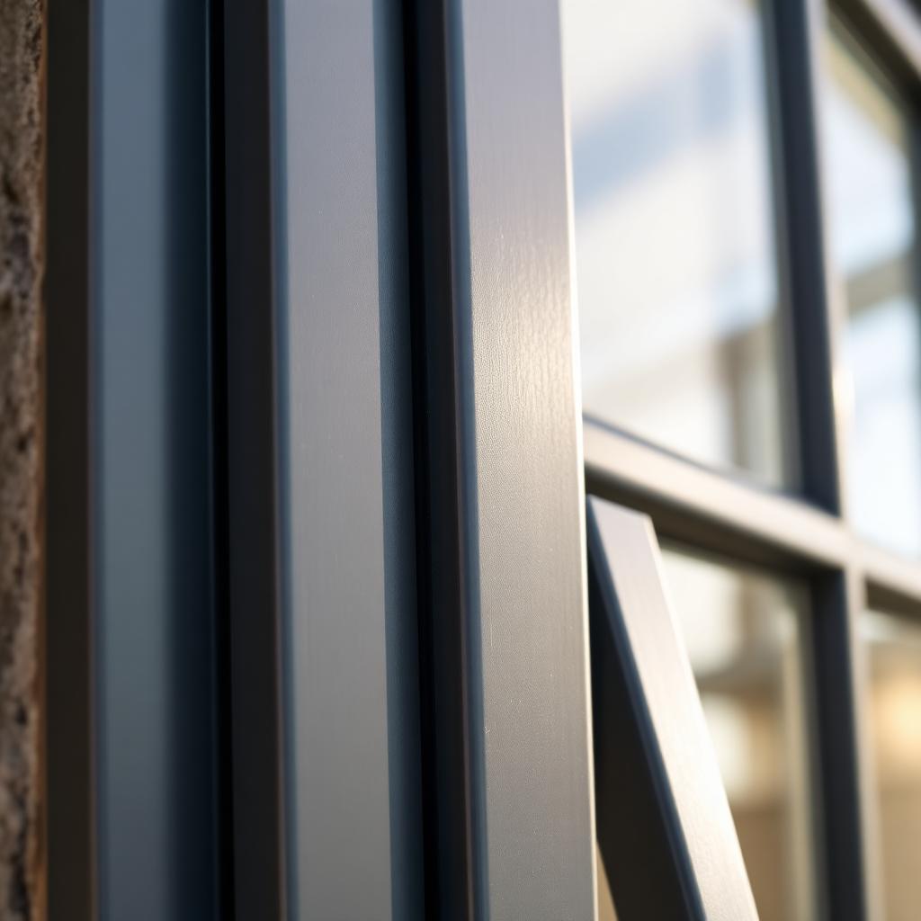 Detail of a freshly resprayed anthracite grey uPVC casement frame catching soft daylight.
